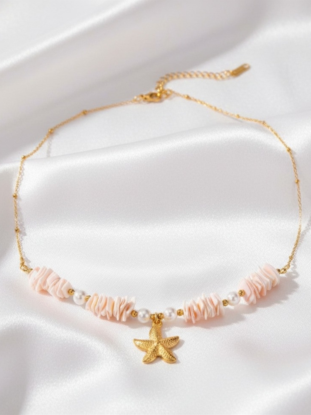 Gold Starfish Pendant Pink Shell Bead Necklace